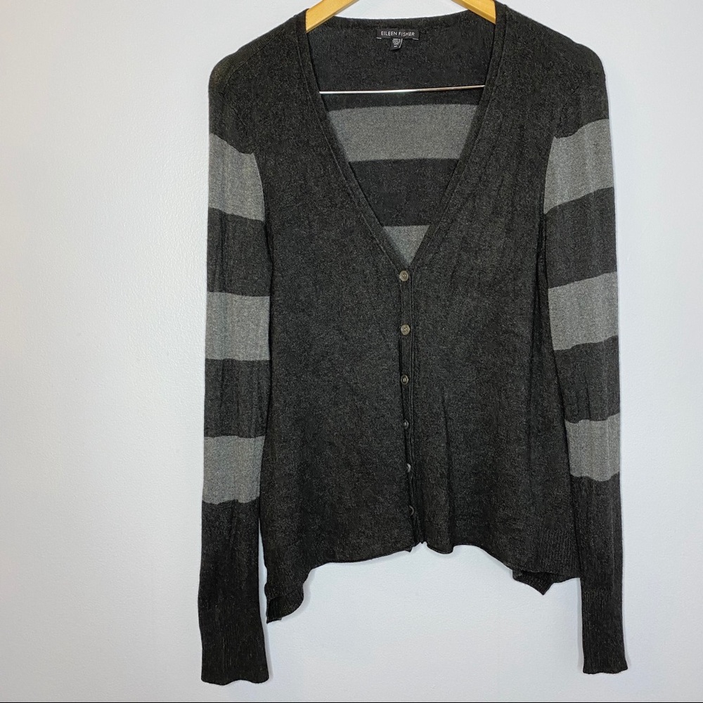 Eileen Fisher Grey Stripe  Stretch Knit Cardigan - Picture 2 of 8